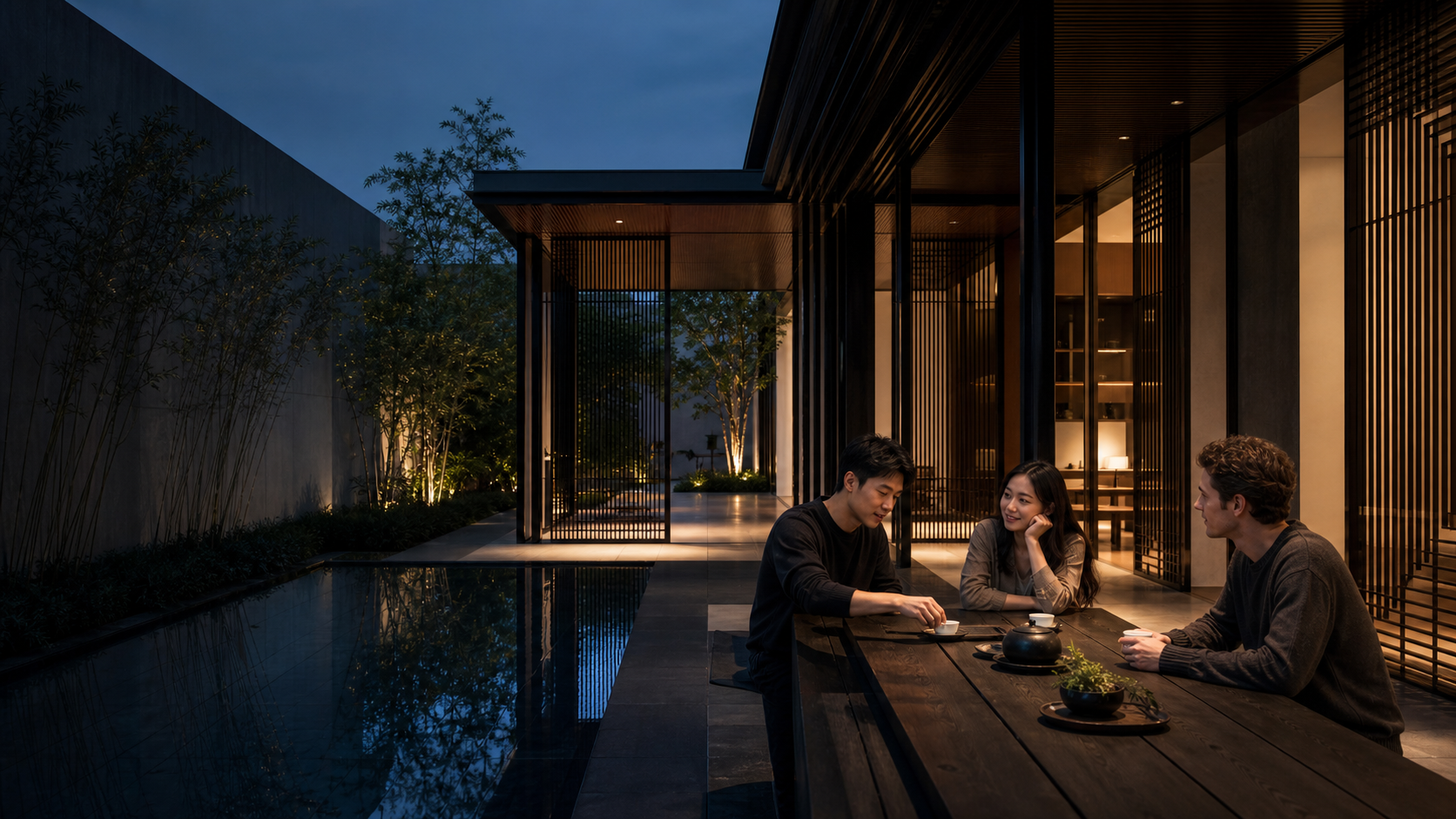 Young Chinese and international friends sharing tea in a contemporary Chinese courtyard